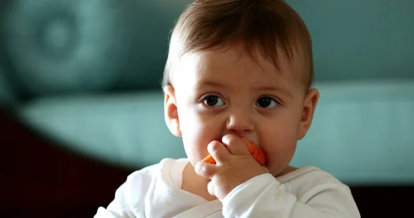 Lindo Bebé Feliz Comiendo Fruta Manzana Snack Bebé Sonriendo Riendo —  Fotos de Stock