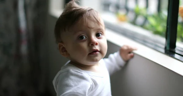 Bayi Sebelah Jendela Rumah Melihat Luar Bayi Leaning Jendela Belajar — Stok Foto