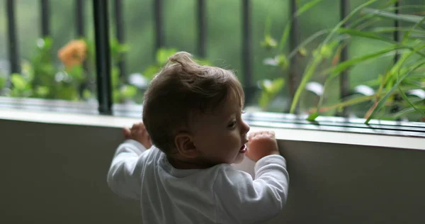 Adorable Bebé Sosteniendo Ventana Con Los Brazos Niño Mirando Hacia —  Fotos de Stock