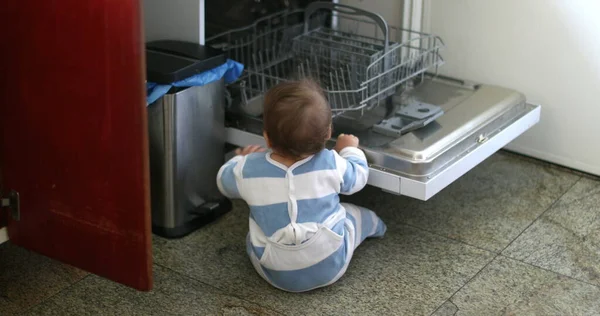 Cute Baby Kitchen Floor Next Dishwasher Appliance Infant Toddler Crawling —  Fotos de Stock
