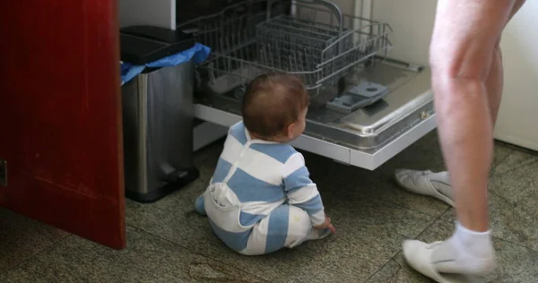 Cute Baby Kitchen Floor Next Dishwasher Appliance Infant Toddler Crawling — Stock Photo, Image