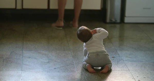 Cute Baby Infant Crawling Kitchen Floor Home — Fotografia de Stock