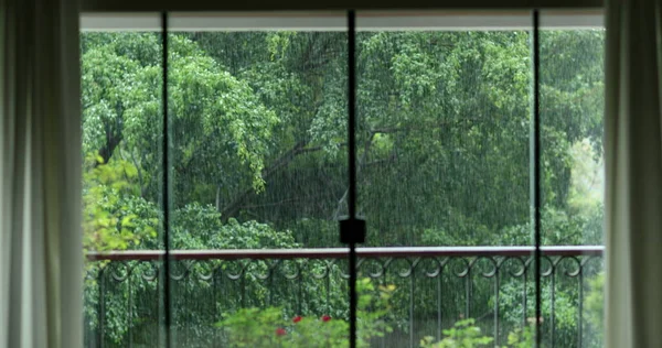 Pouring Rain Seen Outdoors Home Window — Stockfoto