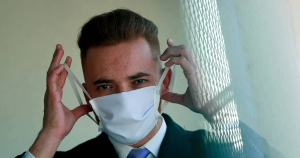 Man Removing Covid Face Mask Pandemic Person Feeling Relief — Stockfoto