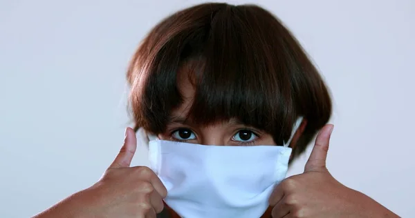 Child Putting Covid Mask Pandemic Prevention Mixed Race Kid Wearing — Stockfoto