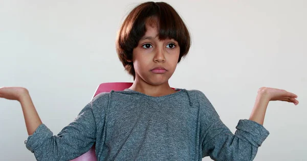 Clueless Young Boy Shrugging Doubtful Child Mixed Race — Stock Photo, Image
