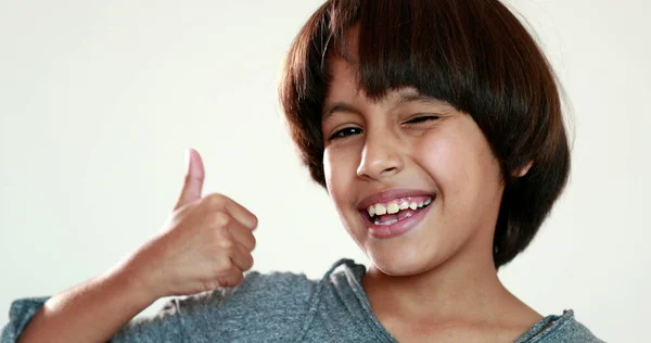 Child Giving Thumb Mixed Race Young Boy Winks Gives Positive — Stock Photo, Image