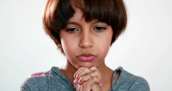 Child Boy Praying God Hands Held Together Closed Eyes Concentrated — Foto Stock