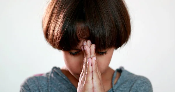 Child Boy Praying God Hands Held Together Closed Eyes Concentrated — Stockfoto