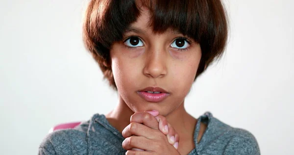 Child Boy Praying God Hands Held Together Closed Eyes Concentrated — Stockfoto