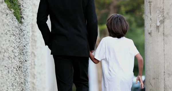 Father Holding Hands Child Boy Walking City Sidewalk — Stockfoto