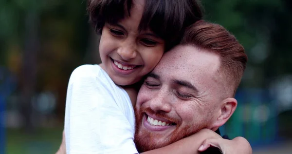 Dad Son Embrace Huggging Each Other White Father Mixed Race — 스톡 사진