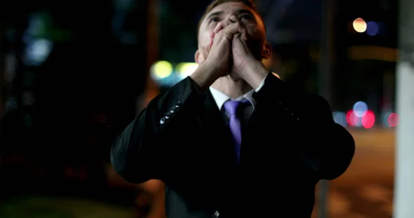 Happy Business Man Walking Night City Celebrating Success Raising Fist — Stock Photo, Image
