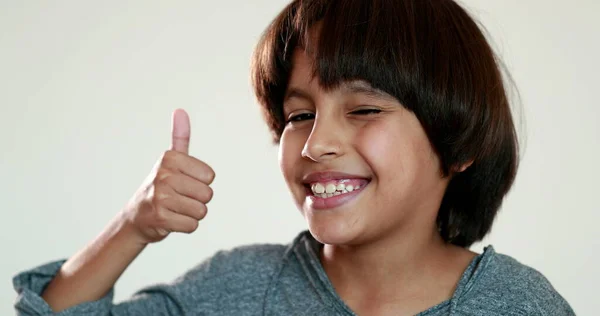 Handsome Mixed Race Child Gives Thumb Winking Camera Ethnically Diverse — Foto Stock