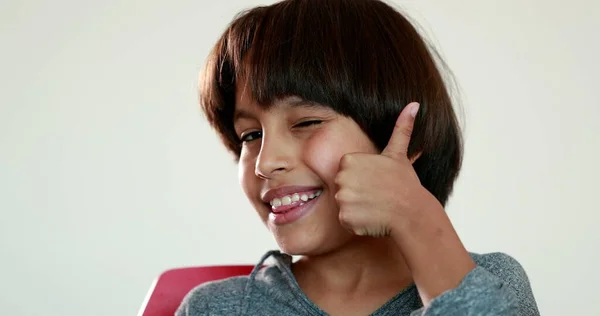 Mixed Race Child Approving Hand Giving Thumbs Camera —  Fotos de Stock