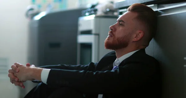 Man Wearing Business Suit Sitting Home Floor Feeling Despair Anxiety — ストック写真