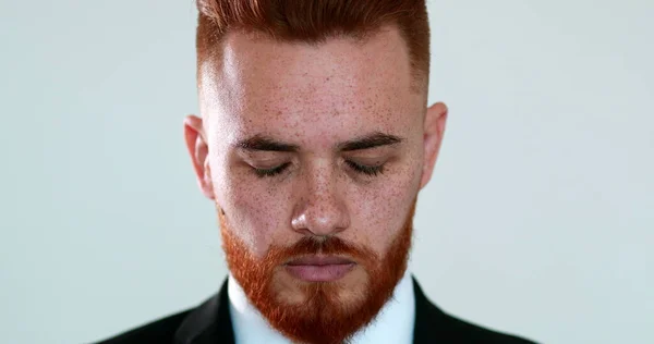 Pensive Redhair Man Closin Eyes Contemplation Meditation Executive Business Guy — Stock Fotó