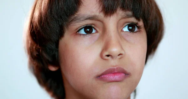 Pensive Mixed Race Child Thinking Solution Ethnically Diverse Kid Face — Fotografia de Stock