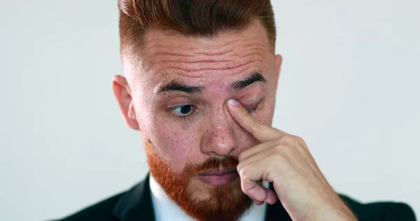 Pensive Man Touching Face Hand Thinking Business Person Rubbing Eye — Fotografia de Stock