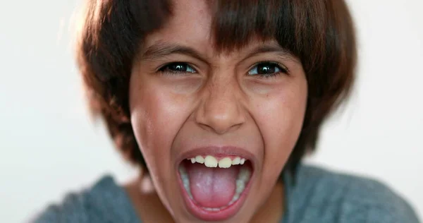 Upset Child Screaming Mixed Race Kid Yelling Roaring Camera Close — Foto Stock