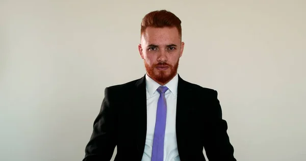 Redhead Man Wearing Business Suit Changing Mood Happy Serious — Fotografia de Stock