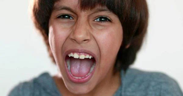 Upset Child Screaming Mixed Race Kid Yelling Roaring Camera Close — Stockfoto