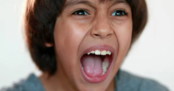 Upset Child Screaming Mixed Race Kid Yelling Roaring Camera Close — Stock Fotó
