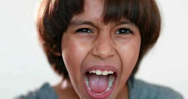 Üzgün Çocuk Çığlığı Karışık Irk Çocuğu Kameraya Kükreyerek Bağırıyor Yakın — Stok fotoğraf