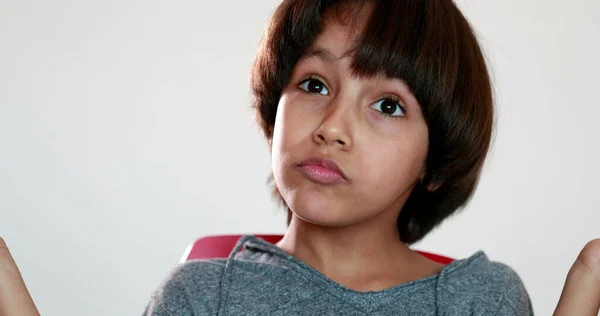 Pensive Mixed Race Boy Close Seup Face Child Thinking — стоковое фото