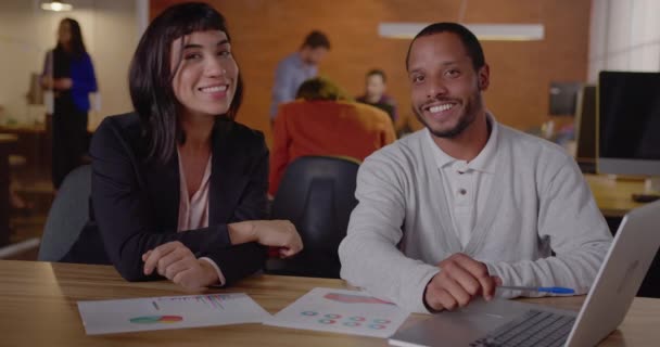 Happy Diverse Office Colleagues Portrait Faces Looking Camera Sitting Office — Stockvideo