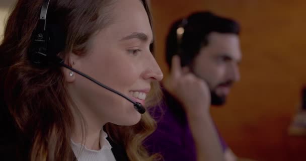 Female Telemarketer Speaking Client Headset — Stok video