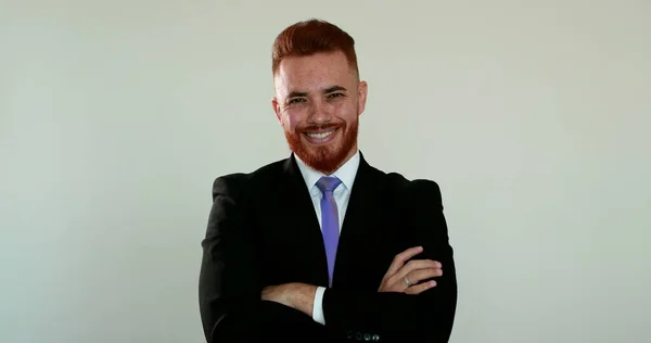 White Man Irish Looking Business Person Crossing Arms Smiling Camera — Stockfoto