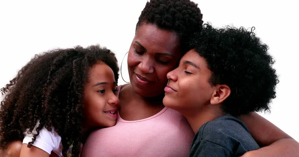 African Mother Embracing Son Daughter Mixed Race Mom Hugging Children — 스톡 사진