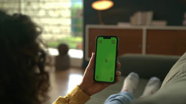 Relaxed Person Laid Sofa Holding Smartphone Device Chroma Key Green — 스톡 사진