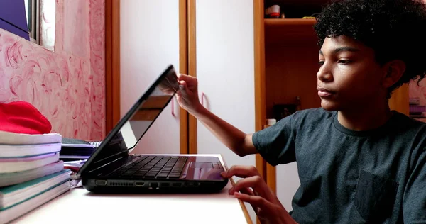 Child Sitting Desk Opens Laptop Turns Computer Preparing Homework Online — Photo