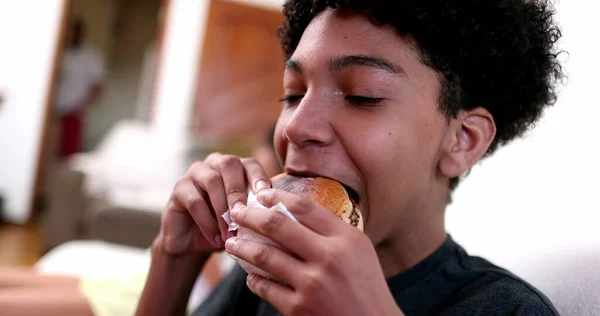 Child Eating Burger Young Boy Taking Bite Hamburger — Fotografia de Stock