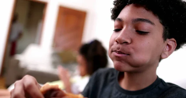 Child Eating Burger Young Boy Taking Bite Hamburger — Photo