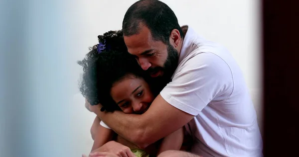 Candid Father Daughter Hug Black Mixed Race Ethnicity — Zdjęcie stockowe