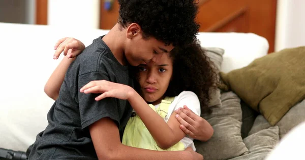 Brother Trying Console Upset Little Sister Mixed Race Black Ethnicity — 스톡 사진