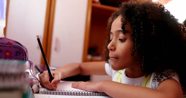 Black Schoolgirl Studying Home Female Kid Doing Homework Writing Notes — Foto Stock