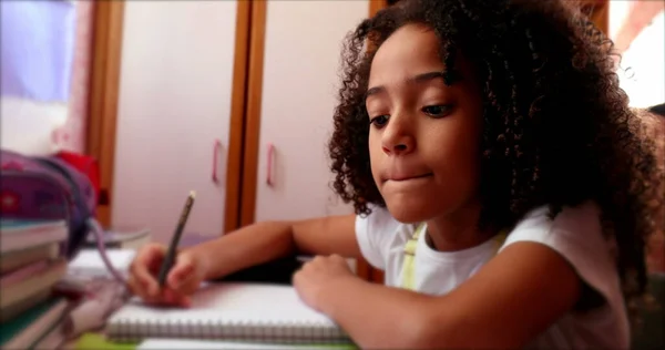 Ethnically Diverse Little Girl Child Writing Notes Pen Kid Studying — Fotografia de Stock