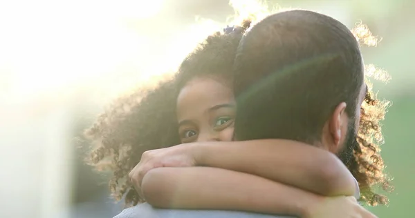 Cute Little Girl Hugging Father Mixed Race Kid Embraces Dad — Stock fotografie