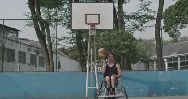 One Disabled Basketball Player Spinning Ball Portrait Hispanic Latin Paraplegic — Stock video