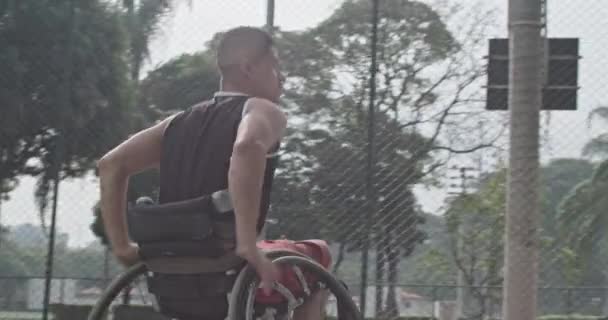 One Disabled Basketball Player Playing Ball Closeup Paraplegic Person Wheelchair — 图库视频影像