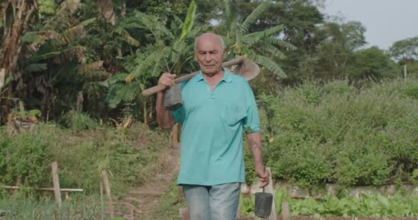 Homem Hispânico Maduro Carregando Equipamentos Agrícolas Duas Mudas Vasos Mãos — Vídeo de Stock