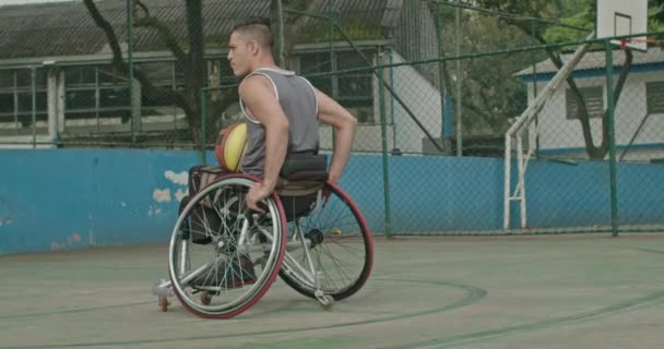 One Paraplegic Basketball Player Wheelchair Basketball Court Disabled Athlete Sport — 图库视频影像