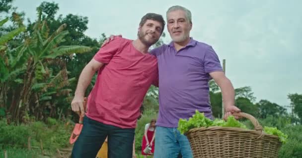 Portrait Father Adult Son Standing Community Garden Farm Two People — Stock video