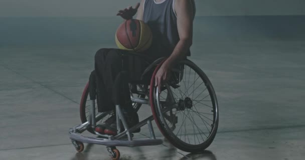 One Hispanic Disabled Basketball Player Athlete Wheelchair Holding Ball Portrait — Stockvideo