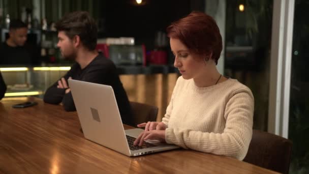 Молодая Девушка Тысячелетия Печатающая Ноутбуке Сидя Кафе — стоковое видео
