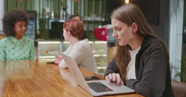 Focused Young Woman Using Laptop Sitting Coffee Shop Girl Looking — Stockvideo